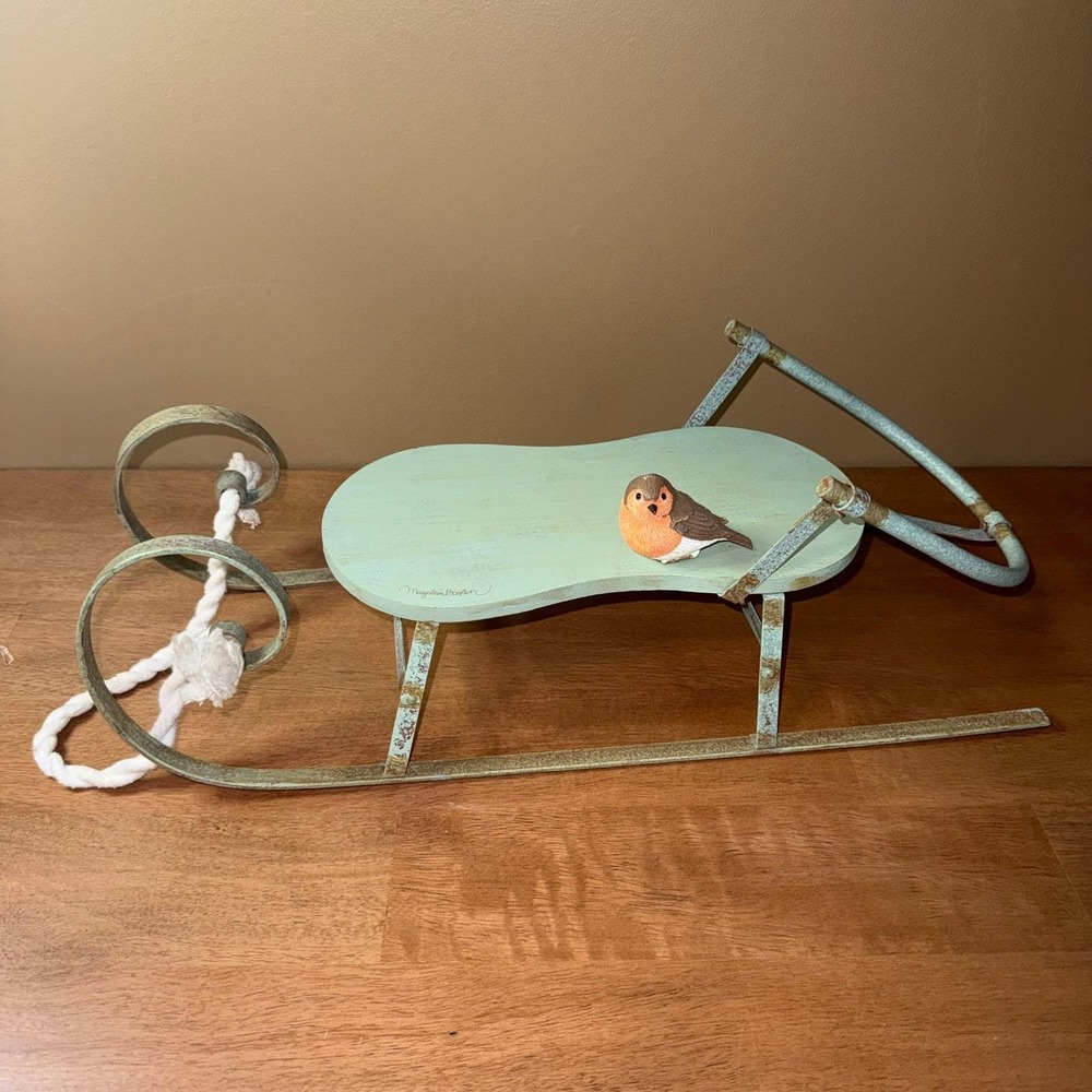 Maryline Barker Decorative Wood and Metal Sled with Robin Bird Figurine Teal